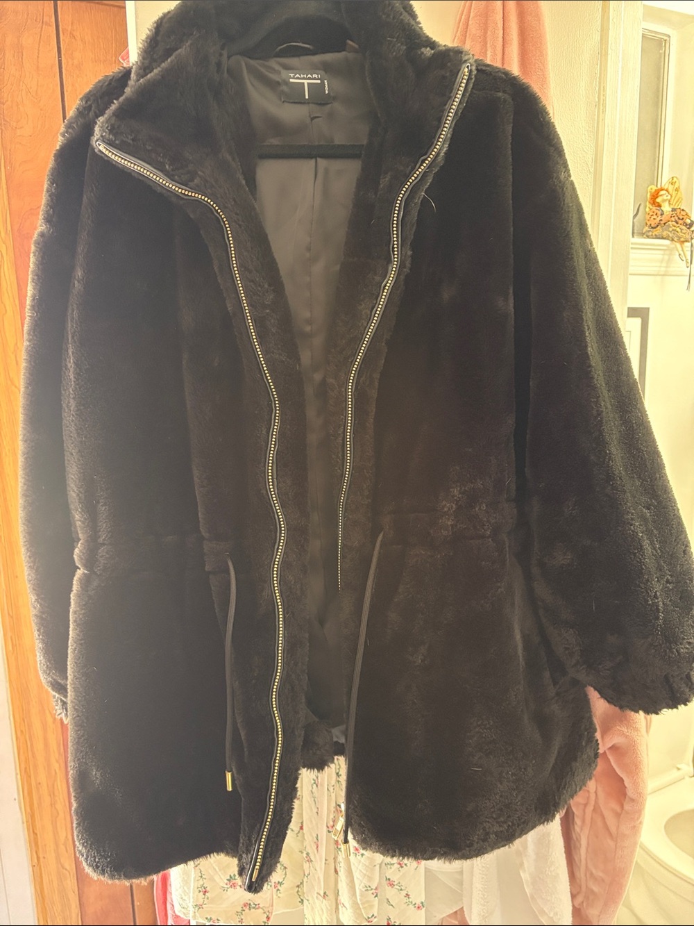 Tahari Black Plush Faux-Fur Zip Jacket